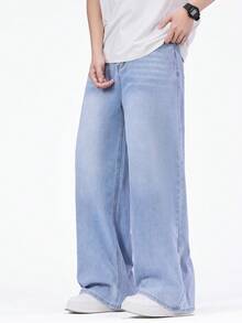 SHEIN Mirajuku 休闲宽松直筒水洗灰色牛仔裤，适合青少年和年轻男士，四季皆宜 - 淺色水洗藍 - 查看 6