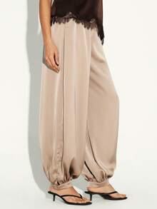 KSTM Women's Balloon Satin Pants Loose Fit High Waisted Wide Leg Palazzo Trousers Elastic Cuff Casual Fashion - Khaki - View 4