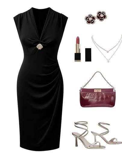 GlowEve CURVE 大码女士优雅深V领装饰纽扣紧身连衣裙