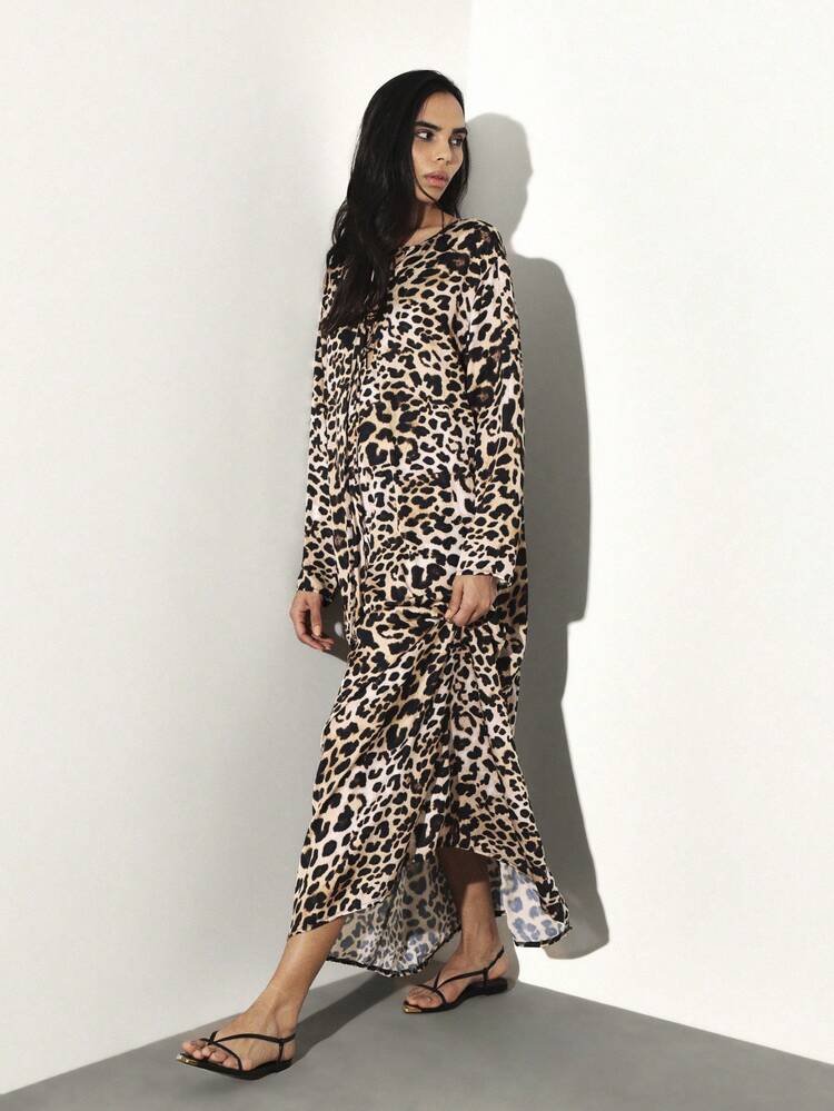 KSTM 레오파드 프린트 긴팔 브이넥 레이스업 프론트 맥시 드레스 보헤미안 캐주얼 플로어 길이 드레스