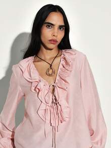 KSTM Ruffled Deep V Neck Long Sleeve Tie Front Peasant Blouse With Gathered Cuffs - Pink - View 5