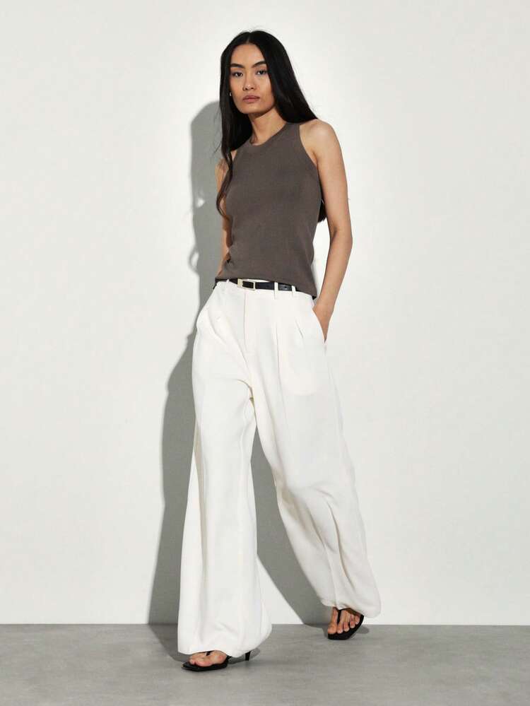 KSTM Women's High Waisted Wide Leg Pleated Palazzo Pants With Belt Loops Summer Casual Trousers Office Wear Business Formal