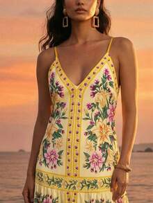 CAJUNI Váy ngắn Carioca họa tiết hoa lãng mạn - Màu vàng - Xem 3