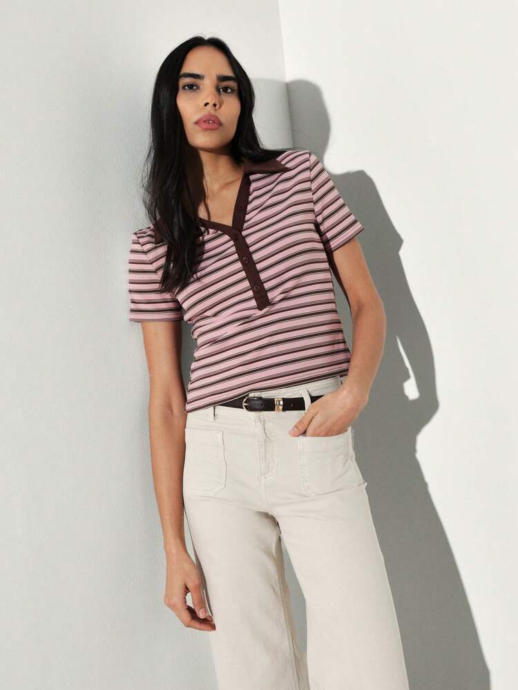 KSTM Women's Striped Polo Shirt Short Sleeve Collared Button Front Pink Brown Casual Spring Summer Top