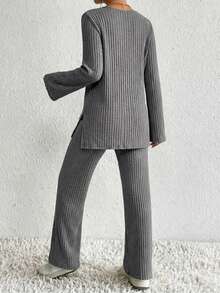 Cloudara Cotton Knitted T-Shirt And Pants Set With Split Cuffs And Hem Ribbed Detail - Grey - View 2
