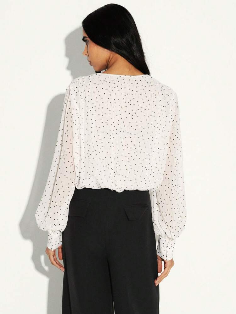 KSTM Women Deep V Neck Long Sleeve Polka Dot Bodysuit With Wrap Front Design