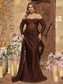 Glamrae 大码优雅深棕色露肩长袖网纱鱼骨褶裥鱼尾垂坠下摆长款晚礼服 - 咖啡棕 - 查看 9