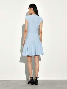 KSTM Ribbed Knit V-Neck Button Front Mini Dress With Tiered Pleated Hem And Cap Sleeves - Blue - View 2