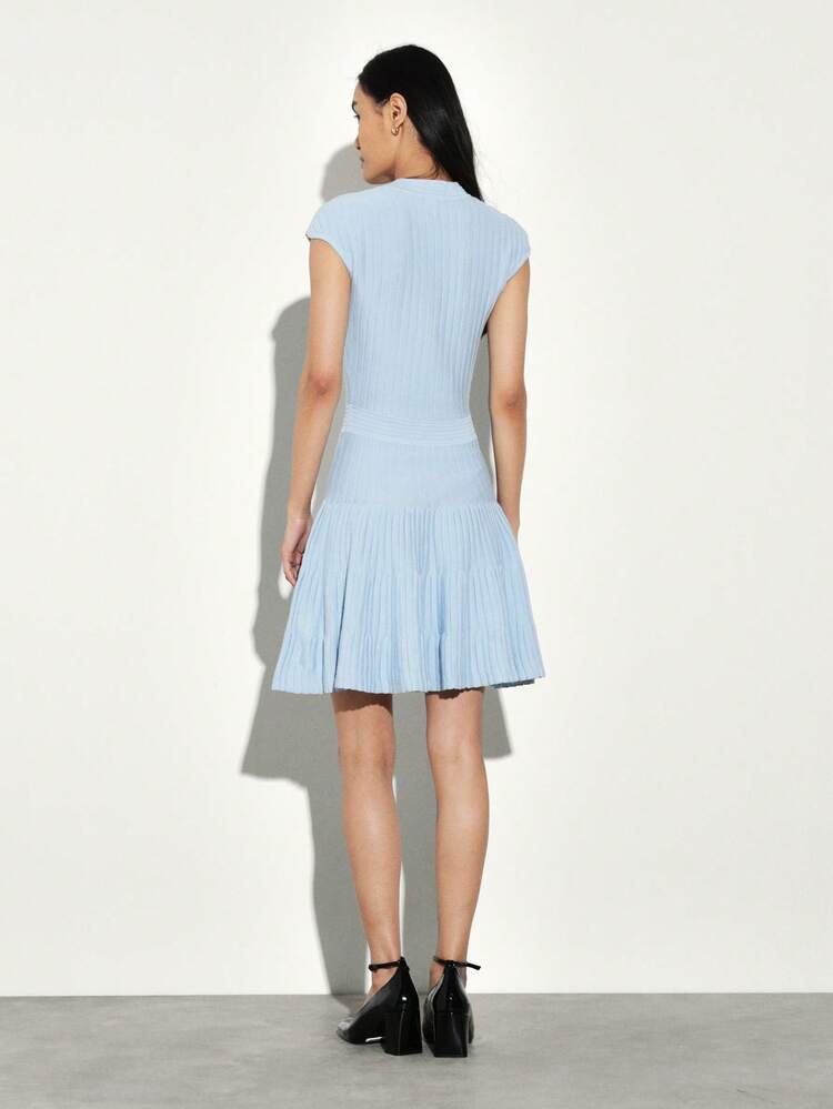KSTM Ribbed Knit V-Neck Button Front Mini Dress With Tiered Pleated Hem And Cap Sleeves