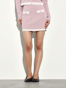 KSTM Knitted Two Piece Co Ord Set With Round Neck Cardigan And Mini Skirt With Contrast Trim - Multicolor - View 5