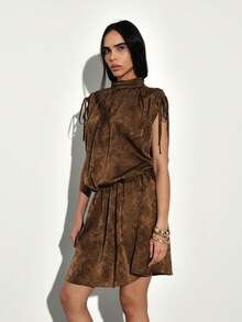 KSTM Drawstring Detailed Mock Neck Mini Dress With Shoulder Tie Accents And Blouson Silhouette For Casual Chic Style - Brown - View 4