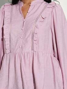 KSTM Women's Long Sleeve Ruffle Detail Blouse With Button Front And Ladder Trim Feminine Top For Casual Office - Purple - View 5