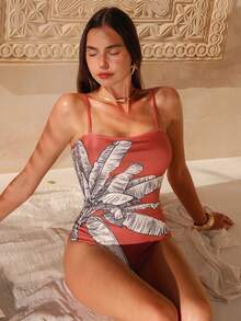 Swim Oasis 高端印花连体泳衣，带裙摆，侧边系带腰身，印花网纱长裙 - 彩色 - 查看 5