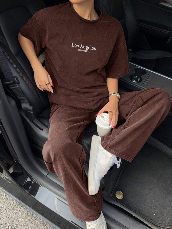 Muchica Women's Coffee Brown Washed Letter Graphic Short Sleeve T-Shirt And Pants Casual Suit