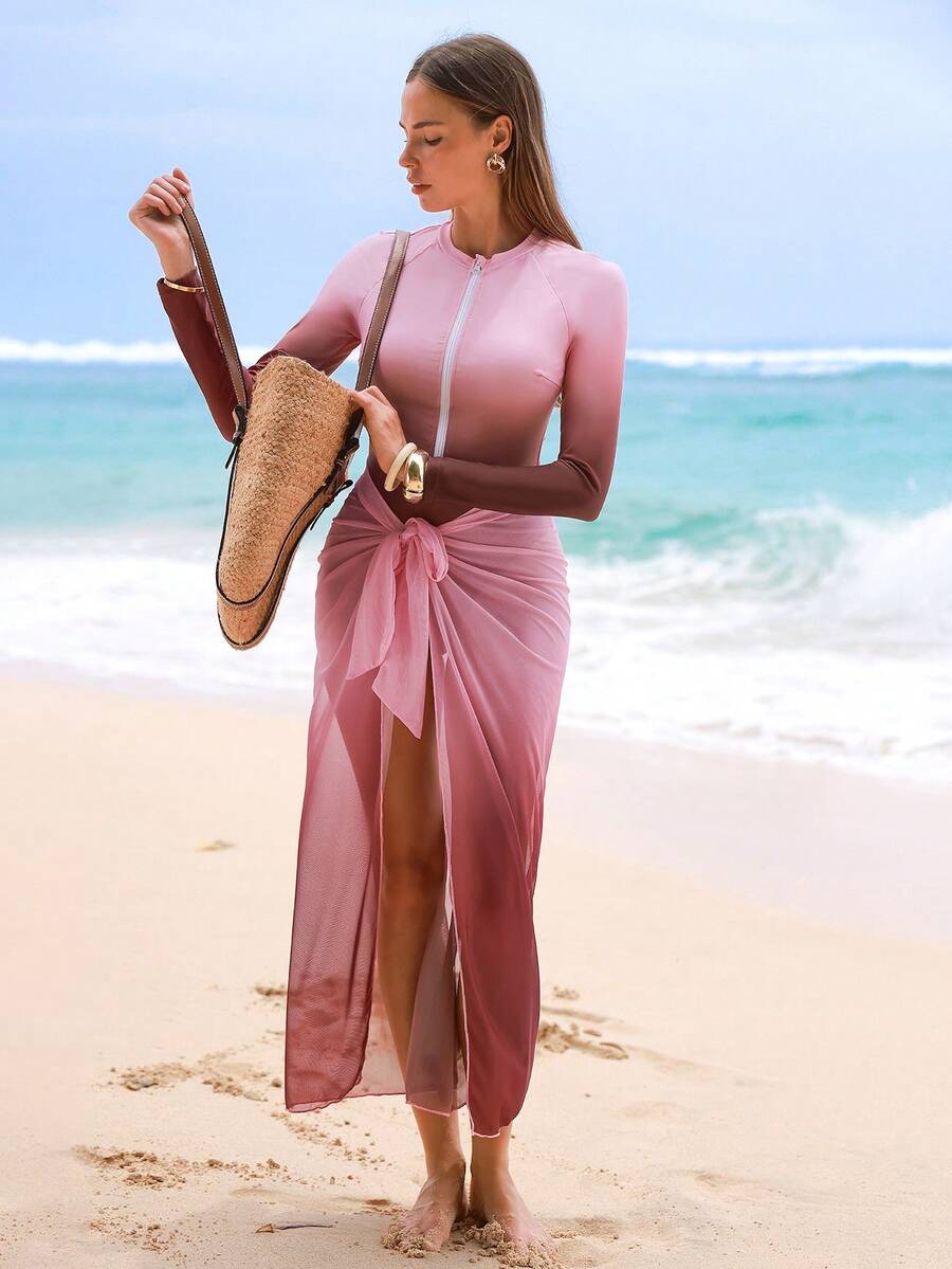 Swim Shayni Summer High-End Long Sleeve Ombre Print One-Piece Swimsuit With Elegant Beach Dress - Multicolor - View 1