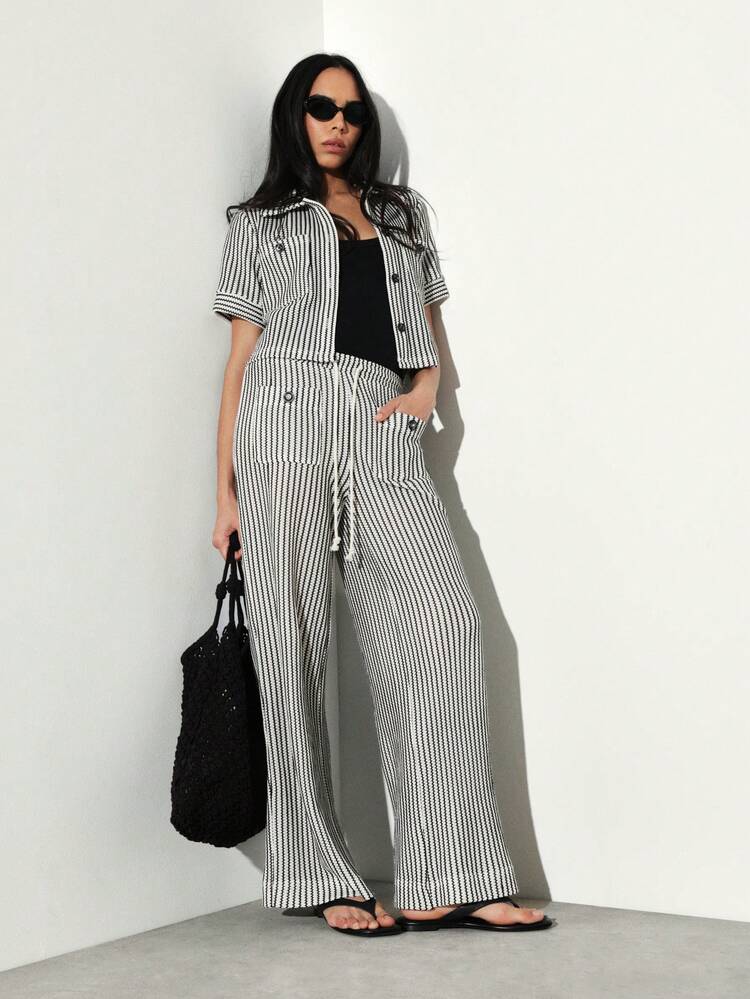 KSTM Women Striped Wide Leg Knit Pants With Button Details And Relaxed Fit For Casual Comfort And Versatile Style