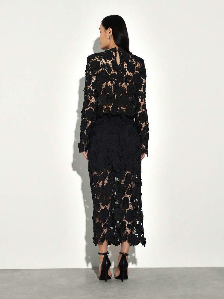 KSTM Elegant Black Lace Midi Skirt With Intricate Floral Embroidery And Delicate Feather Trim Details