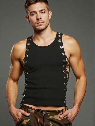 Manfinity Roughcore Men's Solid Color Eyelet Lace-Up Design Round Neck Fashion Top