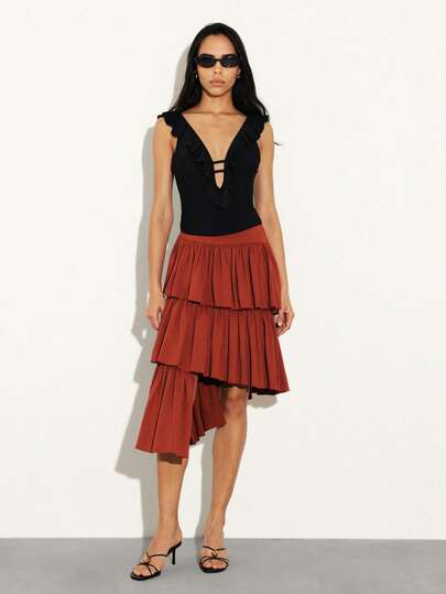 KSTM Women's Tiered Asymmetrical Midi Skirt With Ruffle Layers And High Waist Design For Date Night And Special Occasions