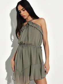 KSTM Asymmetric Chiffon Mini Dress With Ruffle Details And Halter Neck For Summer Date Night Party - Green - View 5