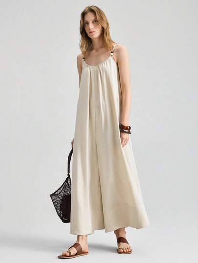 Ontre Women's Beige Khaki Jumpsuit, Comfortable Soft Woven Fabric, Loose Fit, Ruched, Modern Urban Chic, Business Casual, Office Wear, Low-Key Vintage Vibe, High-End, Versatile, High-Quality Airport, Cruise, Wedding Guest Outfit, Elegant, Minimalist Luxurious Feel, All-Season Staple, Holiday Attire