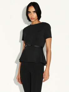 KSTM 女士短袖荷叶边上衣，配腰带，圆领衬衫，职业办公商务休闲装 - 黑色 - 查看 4