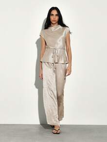 KSTM Satin Co Ord Set Two Piece Outfit Luxe Belted Top Wide Leg Palazzo Pants Evening Party Formal Occasion - Khaki - View 6