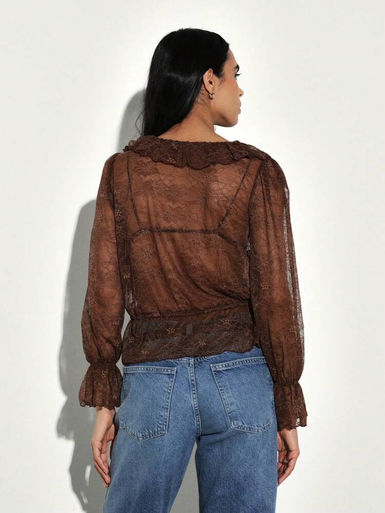 KSTM Geraffte Spitzen-Schleifenbluse mit langen Ärmeln, Boho-Details und elastischen Manschetten für lässige Eleganz