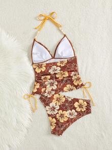 Swim Vcay Bộ đồ bơi tankini hai mảnh thanh lịch dành cho nữ, thích hợp cho lễ hội âm nhạc bãi biển mùa xuân/hè, họa tiết hoa, đính cườm, dây rút, cổ nhún, dáng suông. - Nhiều màu - Xem 2