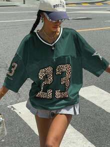 Muchica 女士绿色网眼拼接豹纹数字T恤 - 綠色 - 查看 4