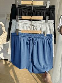 Comfortcana Plus Size Women Solid Color Drawstring Waist Pleated Casual Versatile Daily Shorts - Multicolor - View 8