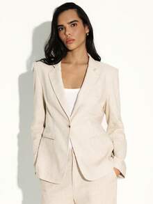 KSTM Blazer ajusté en lin pour femmes, à un seul bouton. Veste de travail professionnelle et décontractée, avec col taillé. Idéal pour le bureau au printemps et en été - Kaki - Voir 2