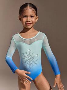 Young Girls Clothing Long Sleeved Sportswear With Mesh Sleeves And Rhinestone Accents, Embellished With Snowflake Prints, Suitable For Dance Performances, Yoga, Gymnastics, Outdoor Sports, Campus Performances, Elastic And Comfortable Sportswear - Multicolor - View 5