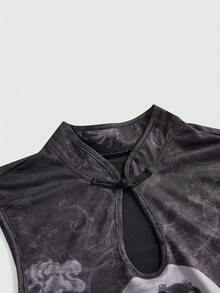 ROMWE Goth 修身中长款旗袍连衣裙，高开衩，花卉印花，立领 - 彩色 - 查看 3