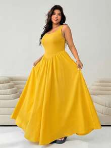 Solflare Yellow Plus Size Sleeveless Dress, Summer Dresses - Yellow - View 1