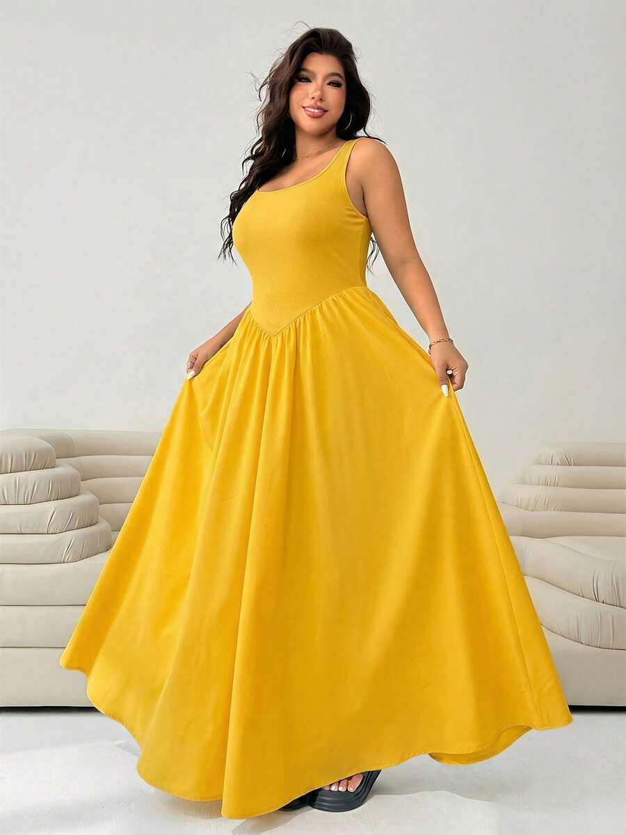 Solflare Yellow Plus Size Sleeveless Dress, Summer Dresses - Yellow - View 1
