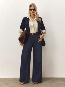 Daynim Calça Jeans Feminina Wide Leg com Bolsos Diferenciados Lavagem Escura sem taxa de importação - Lavagem escura - Visão 7