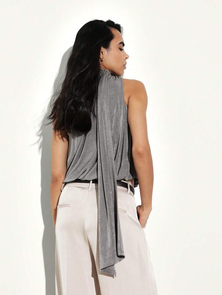 KSTM Women's Sleeveless Halter Neck Draped Asymmetric Grey Tank Top With Tie Detail For Casual Summer Style