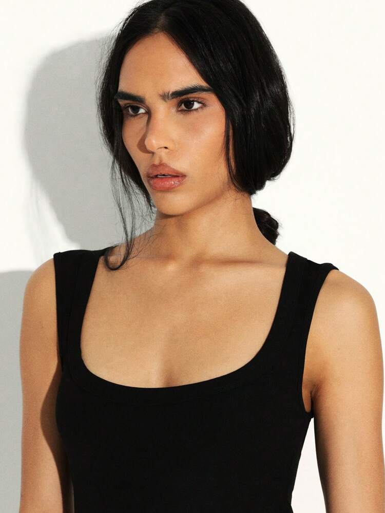 KSTM Women Deep U Neck Tank Top Sleeveless Fitted Basic Casual Summer Black Scoop Neckline