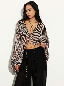 KSTM Blusa de gasa con estampado de cebra, cuello en V con cordones, mangas largas, estilo bohemio y festival, con bajo asimétrico y estampado animal - Multicolor - Ver 1
