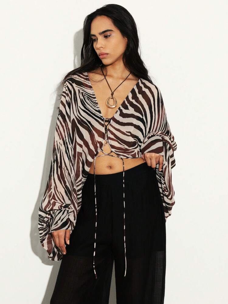 KSTM Zebra Print Chiffon Blouse With Lace Up Front V Neck Long Sleeves Bohemian Festival Top Flowing Asymmetrical Hem Animal Print