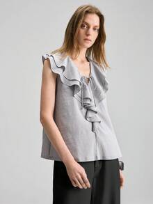 Ontre Women's Black & White Blouse, Comfortable Woven Fabric, Ruffle Trim, Loose Fit, Modern Urban Fashion, Business Casual Office Wear, Versatile Spring/Summer Top - Black and White - View 6