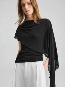Ontre 女士黑色舒适弹力修身褶皱雪纺披肩，二合一设计，现代都市时尚商务休闲办公装，低调复古高端都市通勤高品质机场邮轮装，中东优雅婚礼宾客装，简约奢华百搭季节必备上衣 - 黑色 - 查看 3