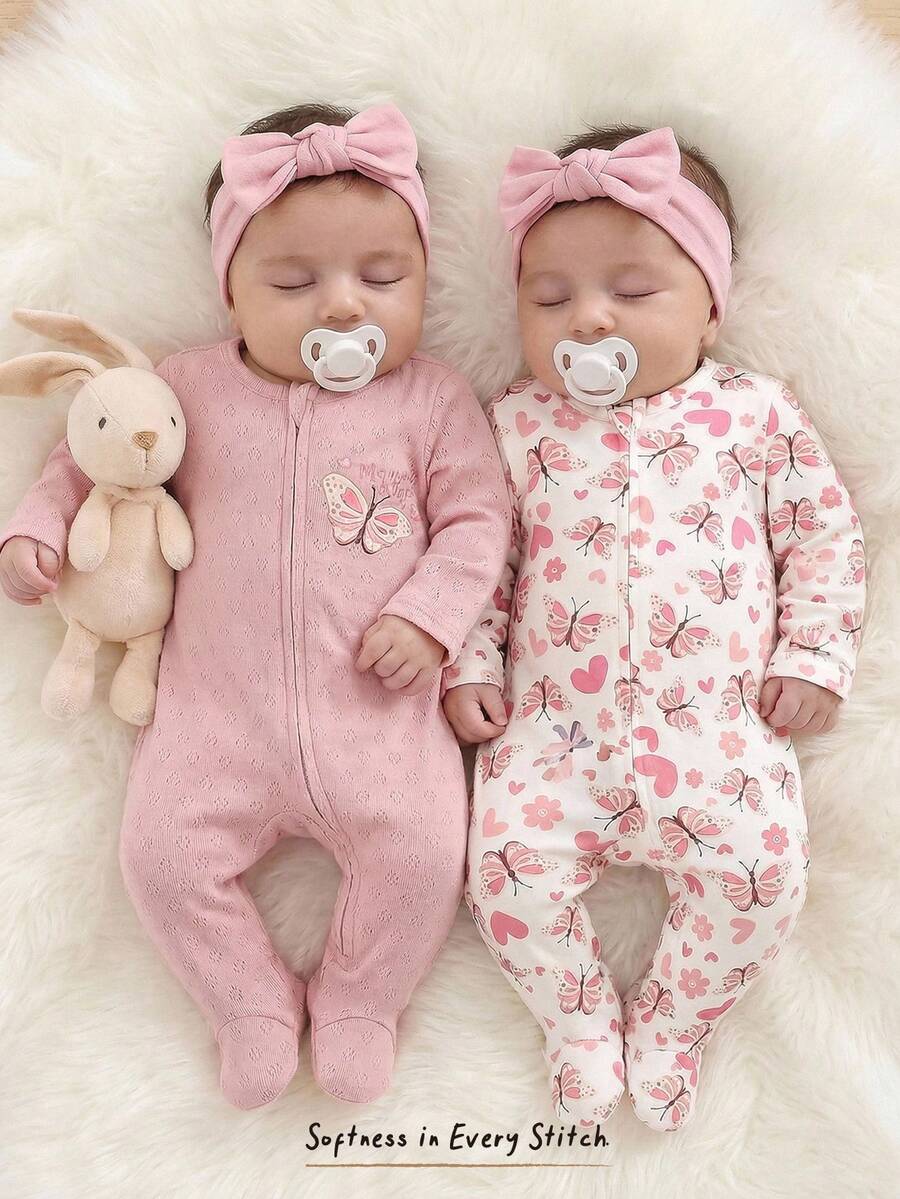 Cozy Pixies 新生女宝宝碎花印花柔软针织圆领长袖连体衣和裤子两件套 - 粉色 - 查看 1