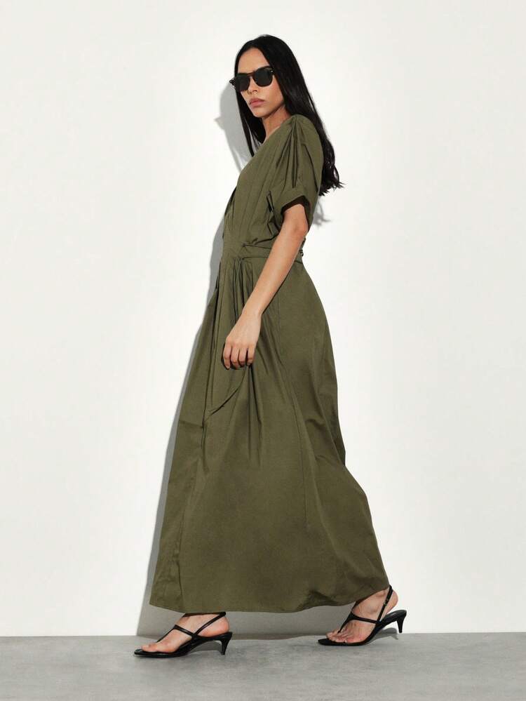 KSTM Vestido Longo Envelope com Decote em V Profundo, Mangas Kimono e Cinto, com Amarrações Laterais, para Casamento na Praia, Convidado, Férias e Resort