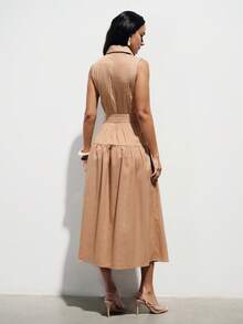 Aveloria Modichic New Fashion Design Sense Casual Solid Color Patchwork Collar Sleeveless Pleated Midi Dress - Brown - View 2