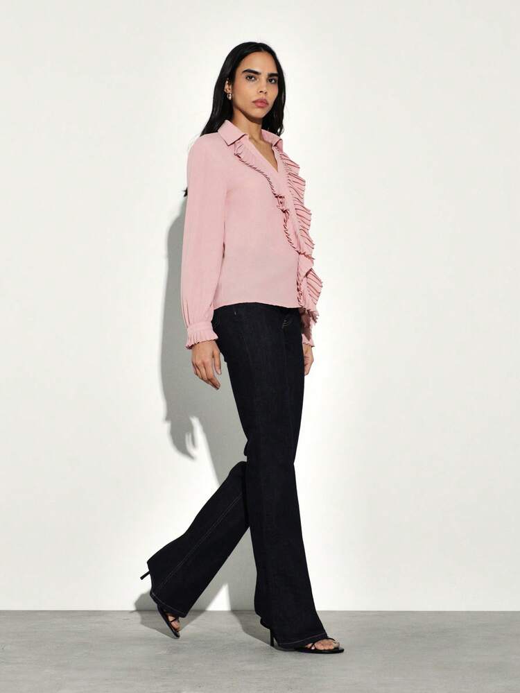 KSTM Women's Long Sleeve Pleated Ruffle Front Button Up Blouse With V Neck And Gathered Cuffs For Office Casual Wear