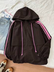 SHEIN EZwear Áo khoác có mũ cỡ lớn màu nâu sô cô la với sọc tương phản - Màu nâu Sô-cô-la - Xem 3