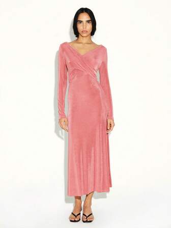 KSTM Long Sleeve Velvet Wrap Midi Dress With V-Neck Crossover Front Design For Women Elegant Evening Occasion Wear