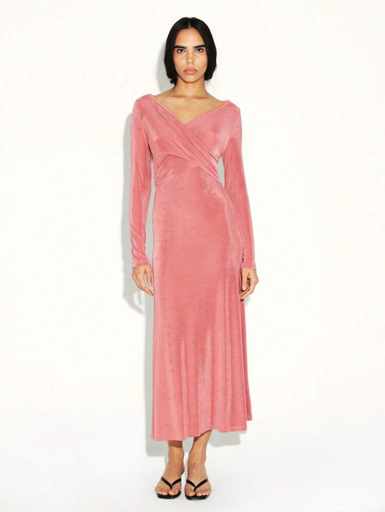 KSTM Long Sleeve Velvet Wrap Midi Dress With V-Neck Crossover Front Design For Women Elegant Evening Occasion Wear